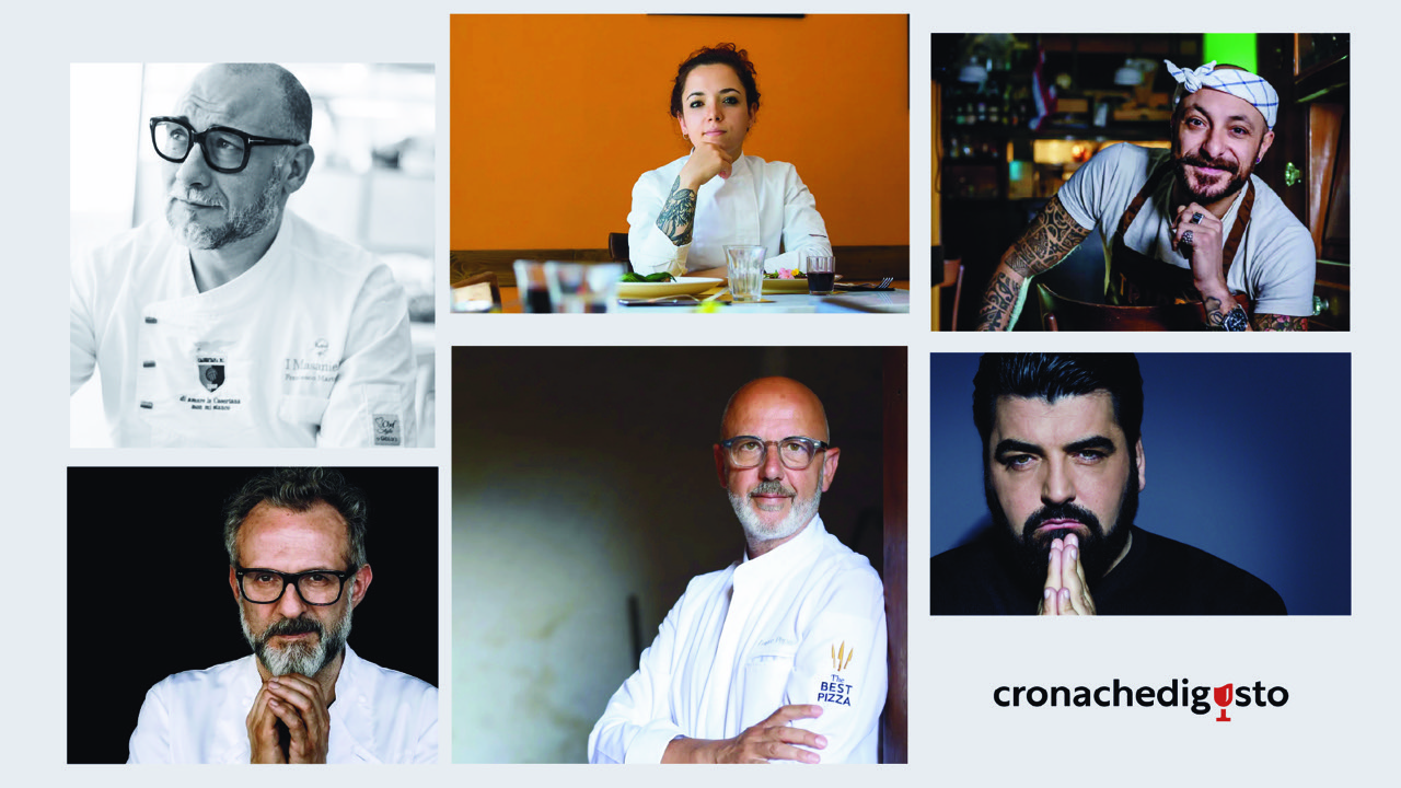 Da sinistra in senso orario Francesco Martucci de I Masanielli a Caserta, Sarah Cicolini di SantoPalato a Roma, Diego Rossi di Trippa a Milano, Antonino Cannavacciuolo di Villa Crespi a Orta San Giulio, Franco Pepe di Pepe in Grani a Caiazzo e Massimo Bottura di Osteria Francescana a Modena