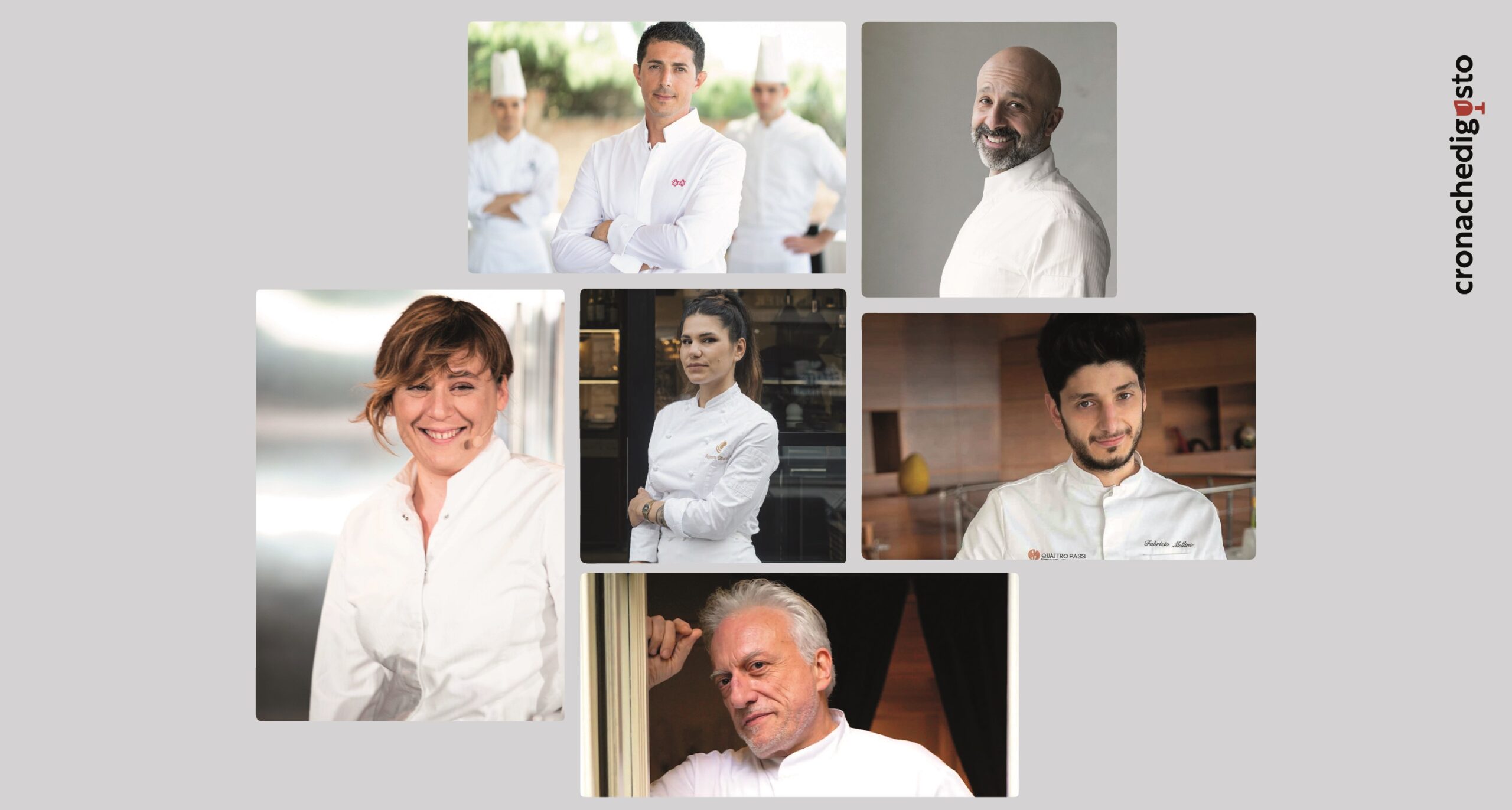 Da sinistra e dall’alto in senso orario Michelangelo Mammoliti, Niko Romito, Fabrizio Mellino, Davide Scabin, Antonia Klugmann ed Aurora Storari