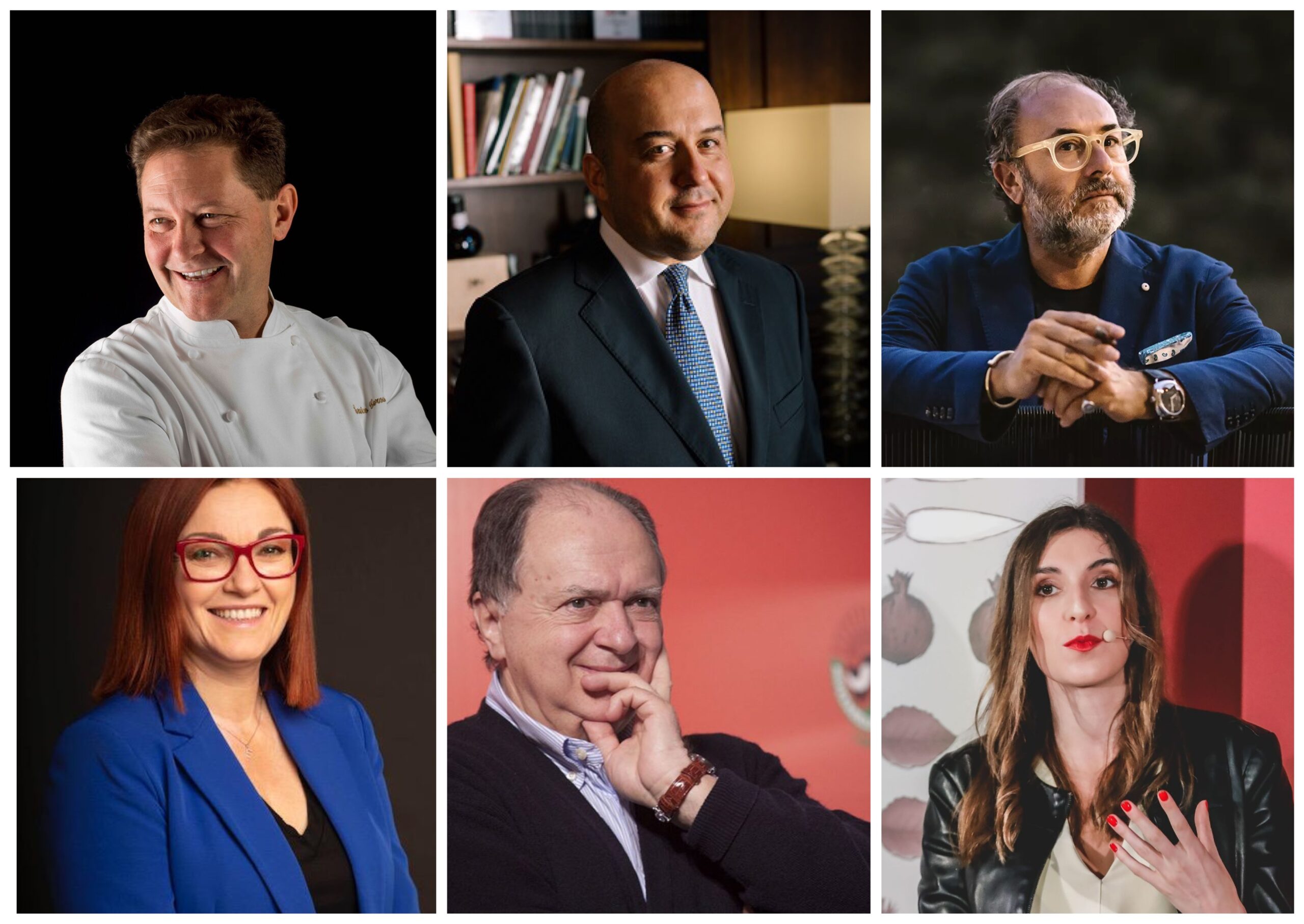 Dall’alto a sinistra Chicco Cerea, Alessandro Pipero, Pinuccio La Rosa, Eleora Cozzella, Enzo Vizzari, Alessandra Dal Monte