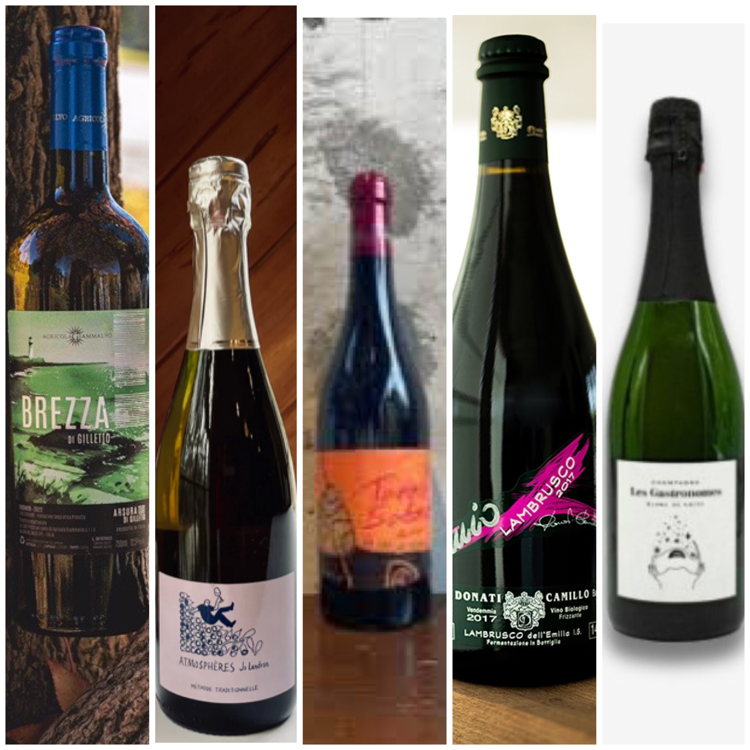 I vini della Brat summer. Da sinistra Agricola Giammalvo, Brezza, Atmospheres, Joe Landron,PaneVino, Tanka Salina,Camillo Donati, Il Mio lambrusco, Cuvèe Les Gastronomes Blanc De Noirs – Champagne Cohésion